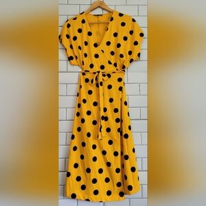 ZARA Ladies Short Sleeve Bright Yellow Polka Dot Wrap Dress Midi Length Jersey K